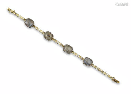 A Victorian moss agate bracelet, each panel set with a moss agate cabochon within rose-cut diamond