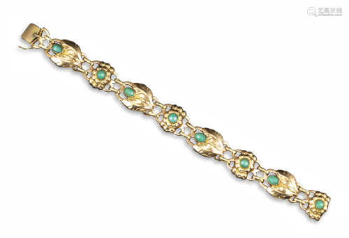 A gold and amazonite bracelet by Georg Jensen, c1909-1914, formed as alternating folaite links
