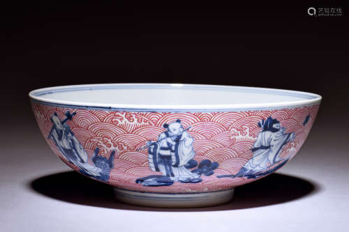 BLUE AND WHITE UNDERGLAZED RED 'IMMORTALS' BOWL