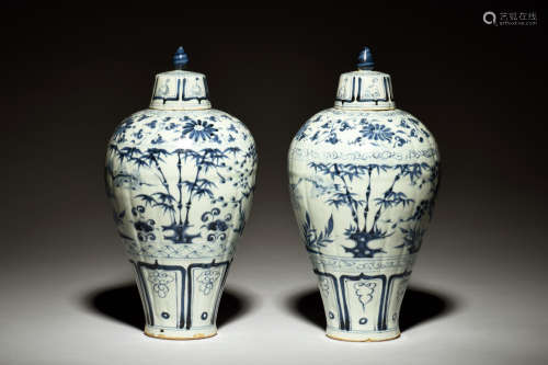 PAIR OF BLUE AND WHITE VASES WITH COVER, MEIPING