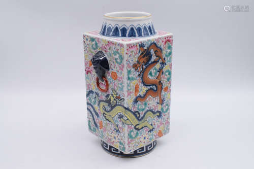 DOUCAI RECTANGULAR 'DRAGON AND PHOENIX' VASE