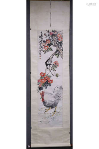 WANG ZHEN: INK AND COLOR ON PAPER PAINTING 'FLOWERS AND ROOSTER'