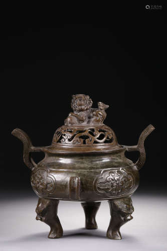 BRONZE CAST TRIPOD CENSER WITH LID AND HANDLES