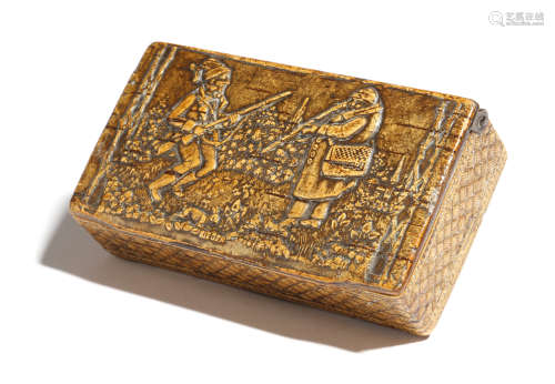 A 19th century pressed birch snuff box, in the form of a basket, the hinged lid decorated with a