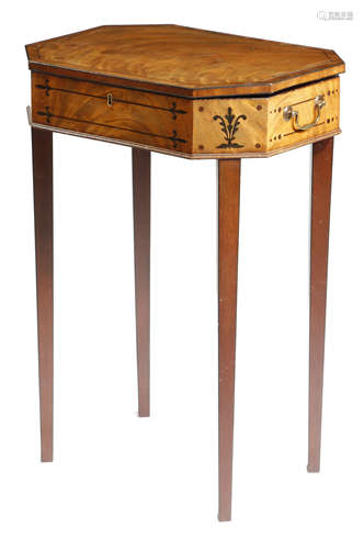 A Regency mahogany sewing table, inlaid with ebonised stringing and marquetry palmettes, the