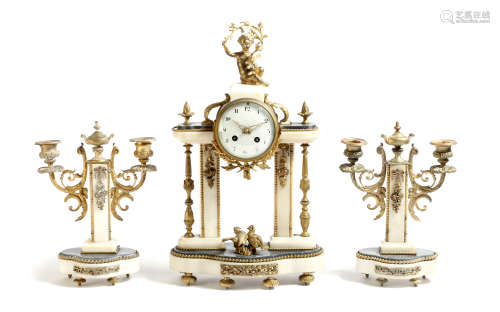 A late 19th century French marble and ormolu mounted clock garniture, the eight day brass cased drum