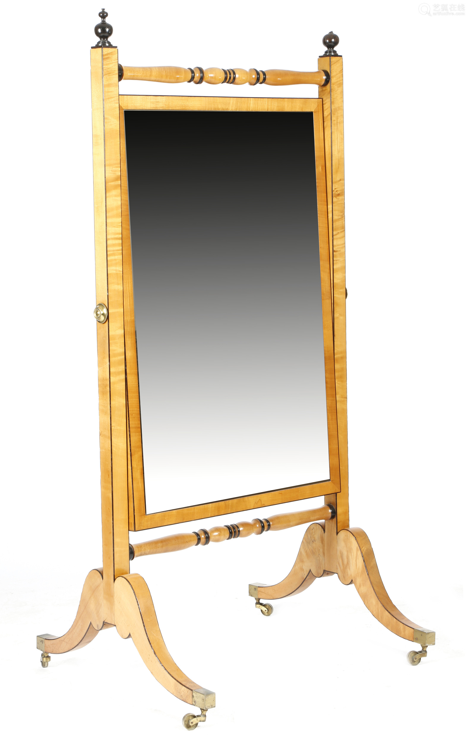 a victorian satin birch cheval mirror with ebonised decoration