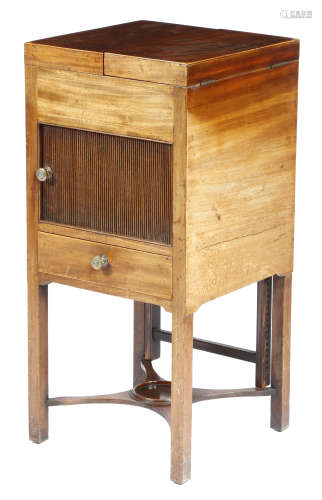 A George III mahogany gentleman's square washstand, the twin hinged top inlaid with fan spandrels,