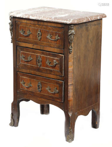 A French walnut miniature commode, with gilt metal mounts, the marble top above three drawers, early