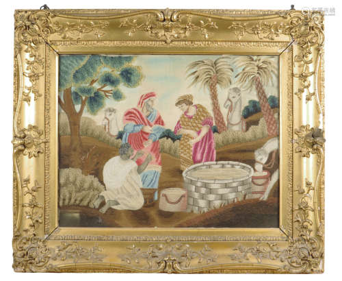 An early 19th century silk and woolwork picture of Rebecca at the well, with palm trees and