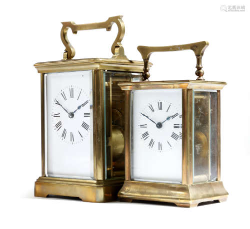 A French brass cased carriage clock, with a platform lever escapement striking on a gong, the