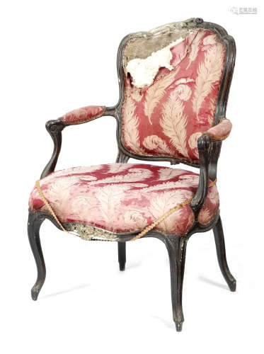 A Louis XV painted beechwood fauteuil cabriolet by Jean Baptist Lebas, with a cartouche shaped back,