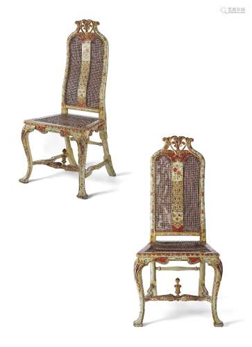 A rare pair of 'Queen Anne' white and polychrome japanned side chairs in the manner of John Ball,