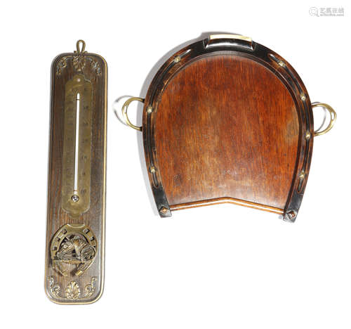 A late Victorian oak and fruitwood stirrup cup tray, in the form of a horseshoe, with brass