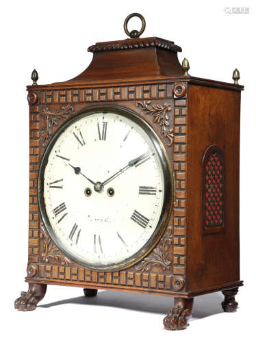 A late Regency mahogany quarter striking bracket clock, the eight day brass movement with four