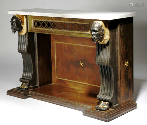 A French cast iron and gilt and patinated bronze console table in Empire style, the associated white