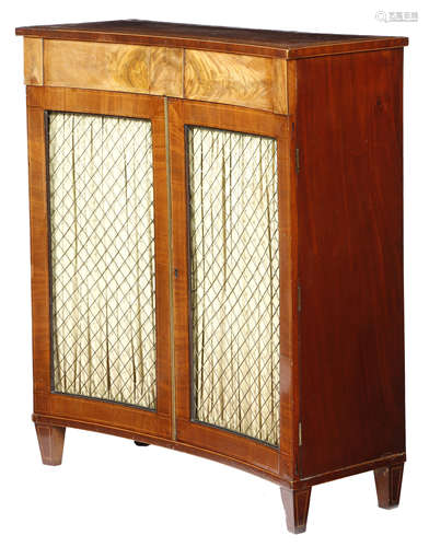 λ A Regency mahogany concave side cabinet, inlaid with stringing, the top with rosewood