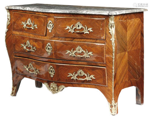 A Louis XV kingwood serpentine bombe commode, with ormolu mounts, with a Saint-Anne grey marble
