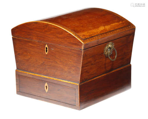 A Regency partridgewood work box, inlaid with diamond lozenge stringing, the domed hinged lid