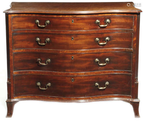 A George III mahogany and satinwood serpentine chest attributed to Gillows, the plum pudding top