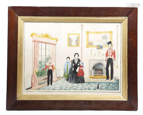 λ A Victorian Irish naive watercolour, depicting a military family in a domestic interior, the