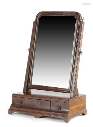 A George II red walnut dressing table mirror, the later arched plate within a moulded frame, the box