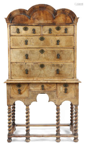 An early 18th century and later walnut chest on stand, the triple domed cornice above two short