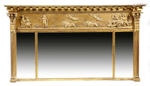 A Victorian giltwood and gesso landscape overmantel mirror, with three bevelled rectangular plates