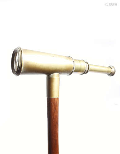 A brass and mahogany 'system' walking cane, the handle in the form of a three-draw telescope, with a