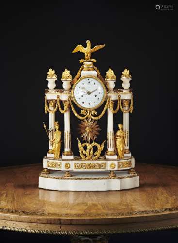 A Directoire ormolu and Carrara marble portico mantel clock by Lepine, the eight day brass cased
