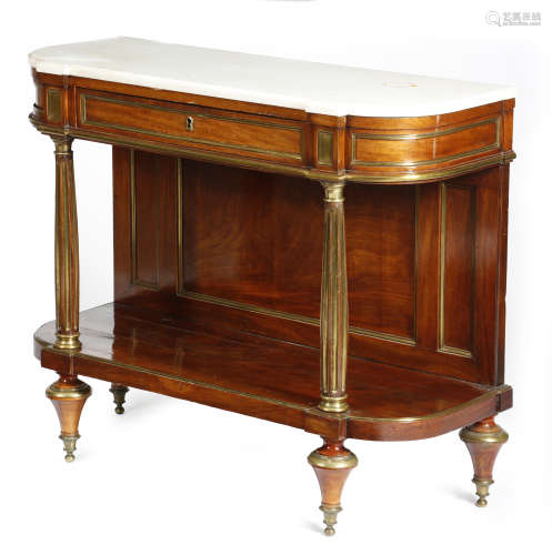 A French Directoire mahogany and brass mounted console desserte, the breakfront white marble top