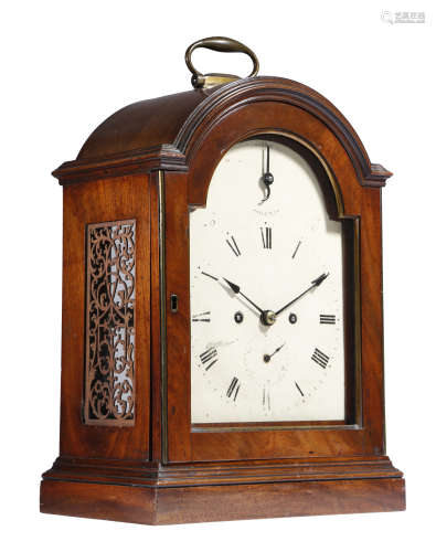 A George III mahogany bracket clock, the eight day brass twin fusee movement with a verge escapement