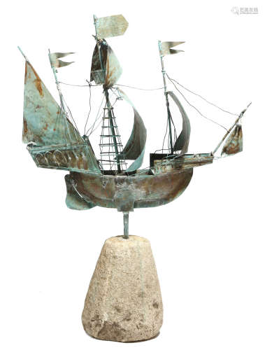 A folk art copper ship weather vane, in the form of the Golden Hind, with bellowing sales, mounted
