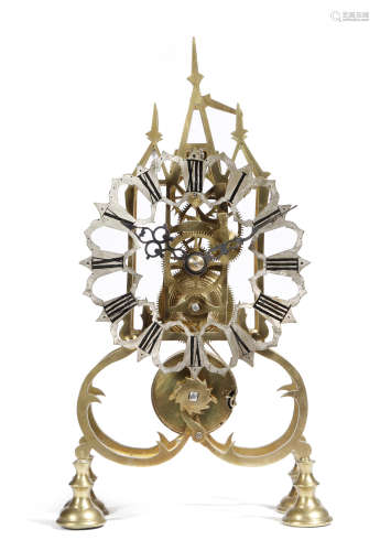 A Victorian brass skeleton clock, the single fusee movement with an anchor escapement, the