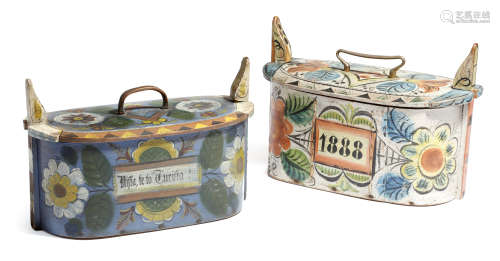 Two late 19th century Norwegian folk art painted pine food boxes, both decorated with flowers and