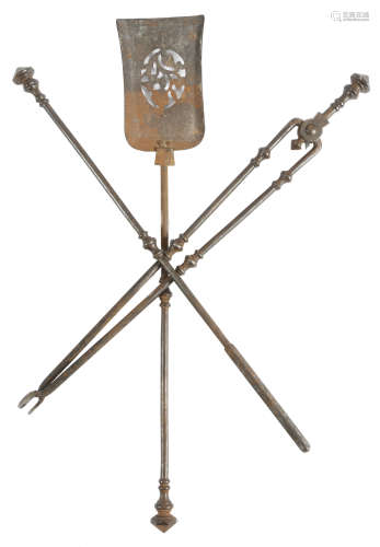 A set of three William IV steel fire irons, with faceted mushroom handles and knopped stems, with