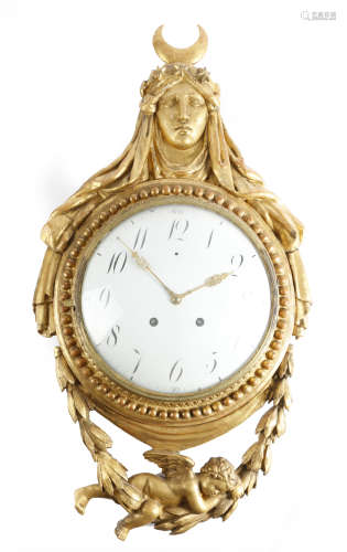 A rare late 18th century Swiss giltwood Neoclassical cartel clock, the eight day brass movement with