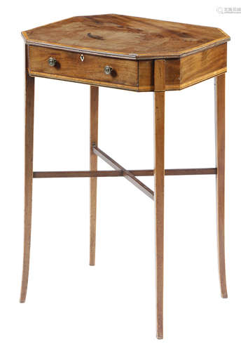 A late George III mahogany sewing table, inlaid with stringing and satinwood banding, the