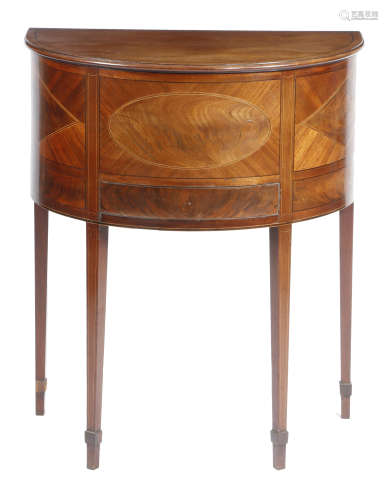 A late George III mahogany demi-lune side cabinet, inlaid with ebonised and boxwood stringing, the