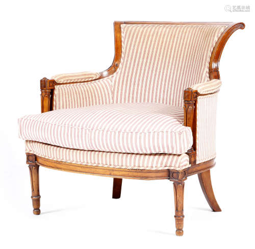 A 19th century Biedermeier fruitwood tub armchair, with a scroll top rail, with lappet carved arm