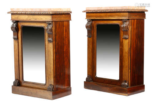 λ A pair of early Victorian rosewood side cabinets by Johnstone & Jeanes, each with a pink breche