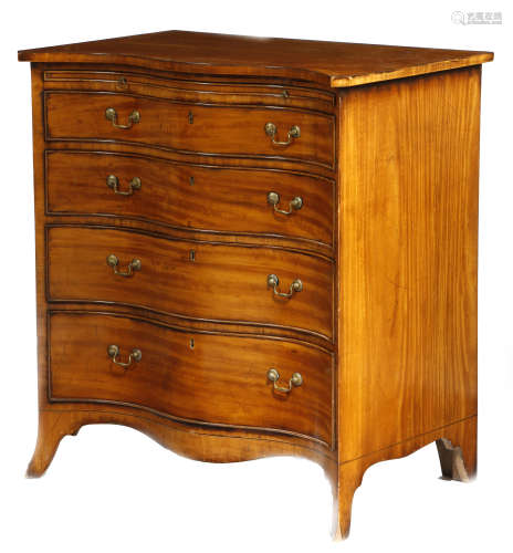 A satinwood serpentine chest in George III style, the crossbanded top above a baize lined brushing