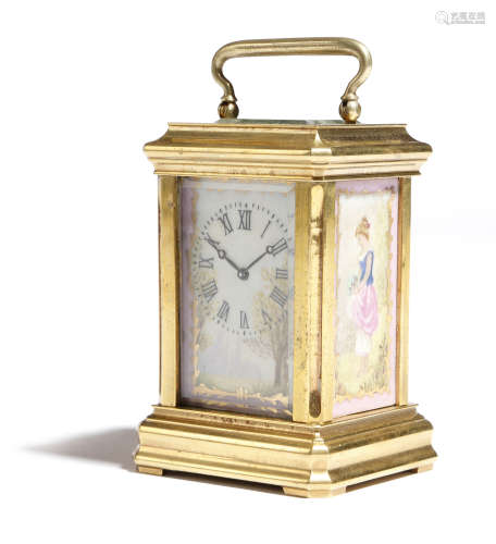 A French miniature gilt brass and porcelain mounted carriage clock, with a platform lever