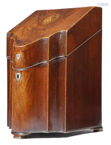 A George III mahogany knife box, inlaid with feather stringing, the sloping lid marquetry inlaid