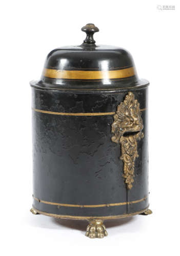 A Victorian black japanned tole coal box and cover, with parcel gilt decoration and cast lion's mask