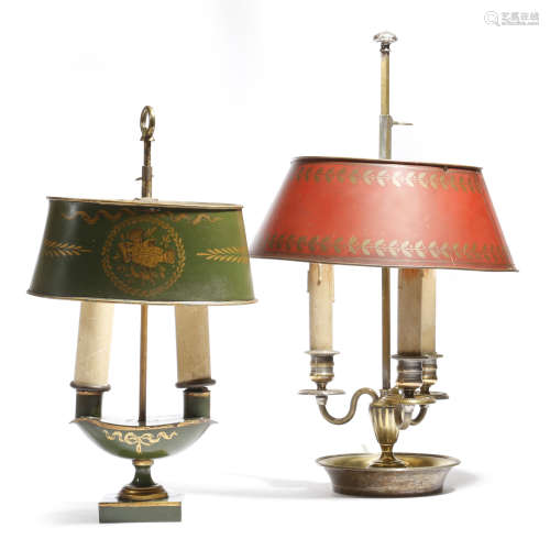 A French silvered brass bouillote lamp in Louis XVI style, with an adjustable tole shade and three