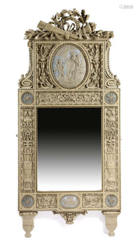 A Louis XVI style grey painted trumeau wall mirror, with parcel gilt and blue painted decoration,