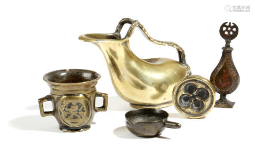 A small collection of bronze and brass items, comprising: a Grand Tour model of a Greek askos,