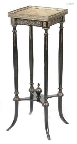 A late 19th century French ebonised and giltmetal mounted jardiniere stand, with an onyx top, 80.9cm