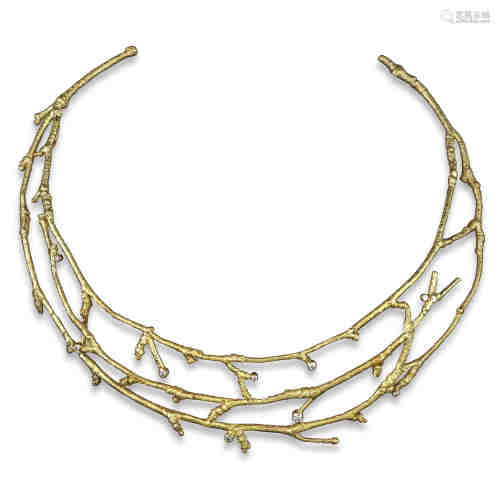 A yellow gold branch-form torque necklet, set with graduated round brilliant-cut diamonds, marked
